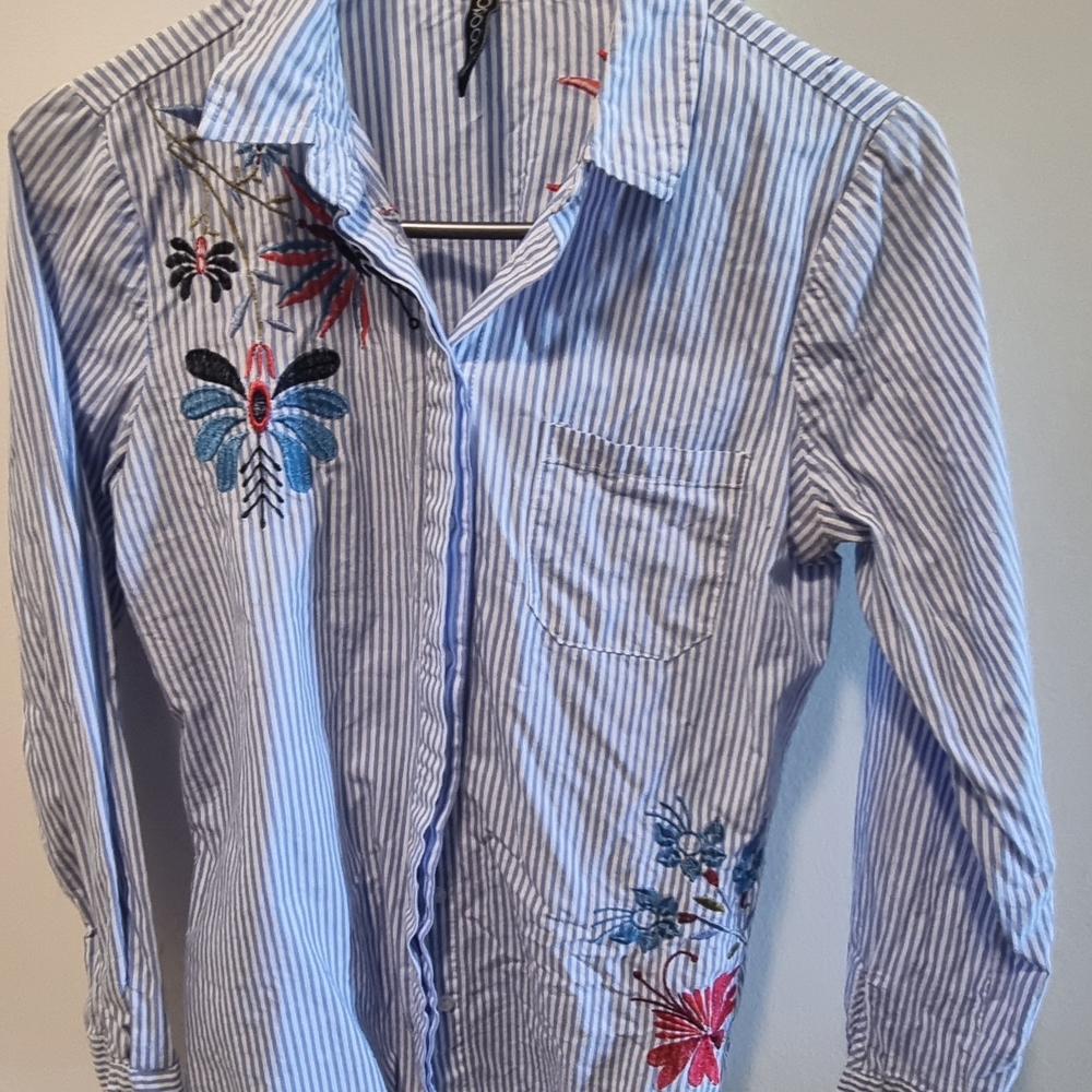 Striped Blue Embroidered Women's Top